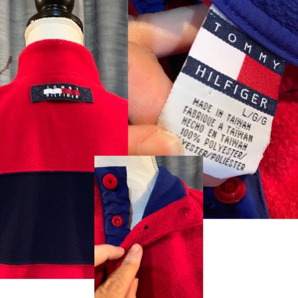 Vtg Tommy Hilfiger fleece rugby pullover red navy
